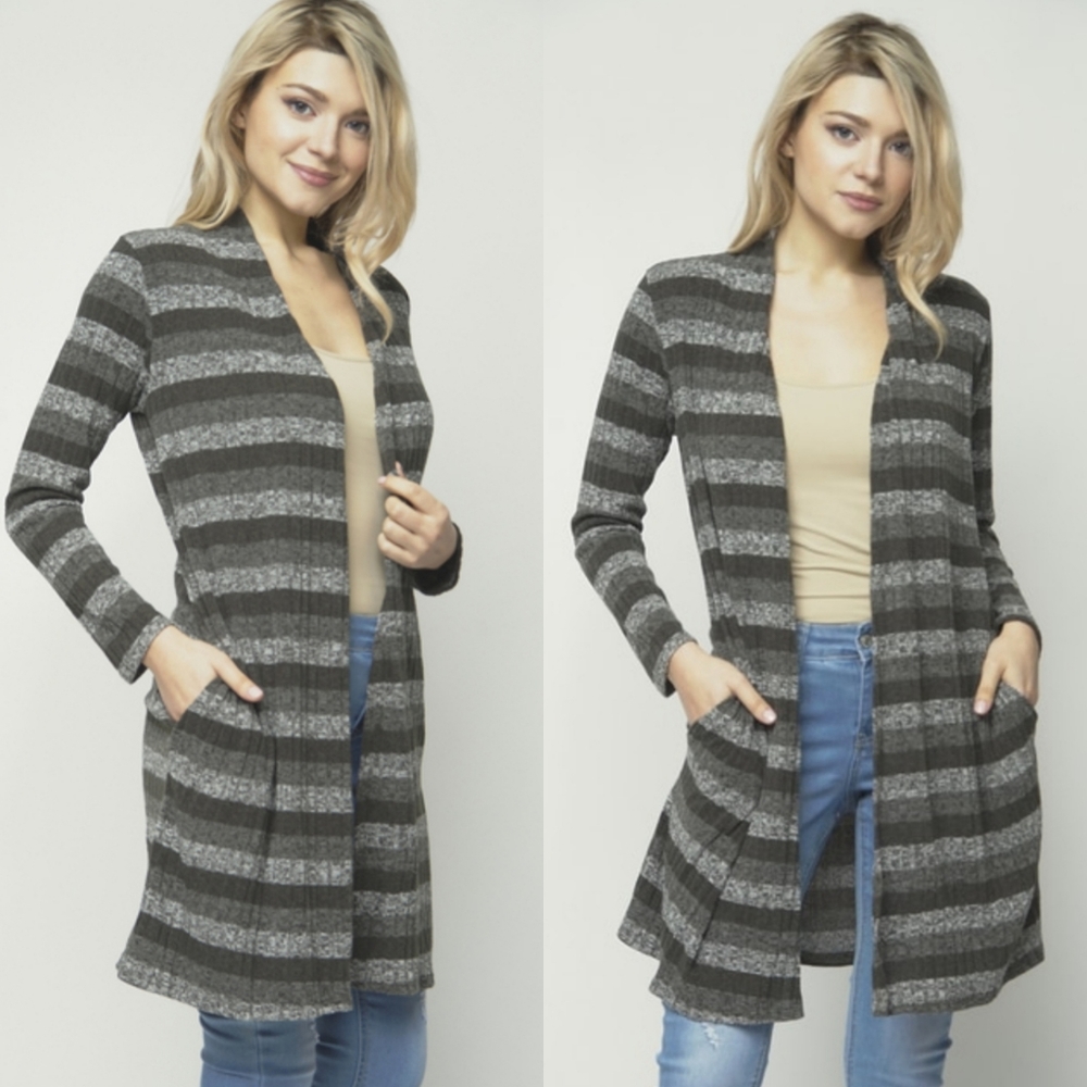 🖤Gray Striped Long Open Cardigan - Picture 2 of 3